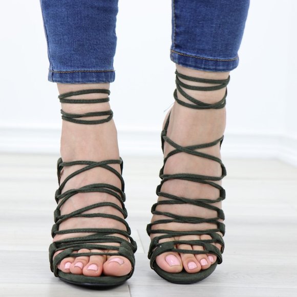Cute Strappy Olive Faux Suede Open Toe Needle High Heel Stiletto Sandals - Picture 9 of 14